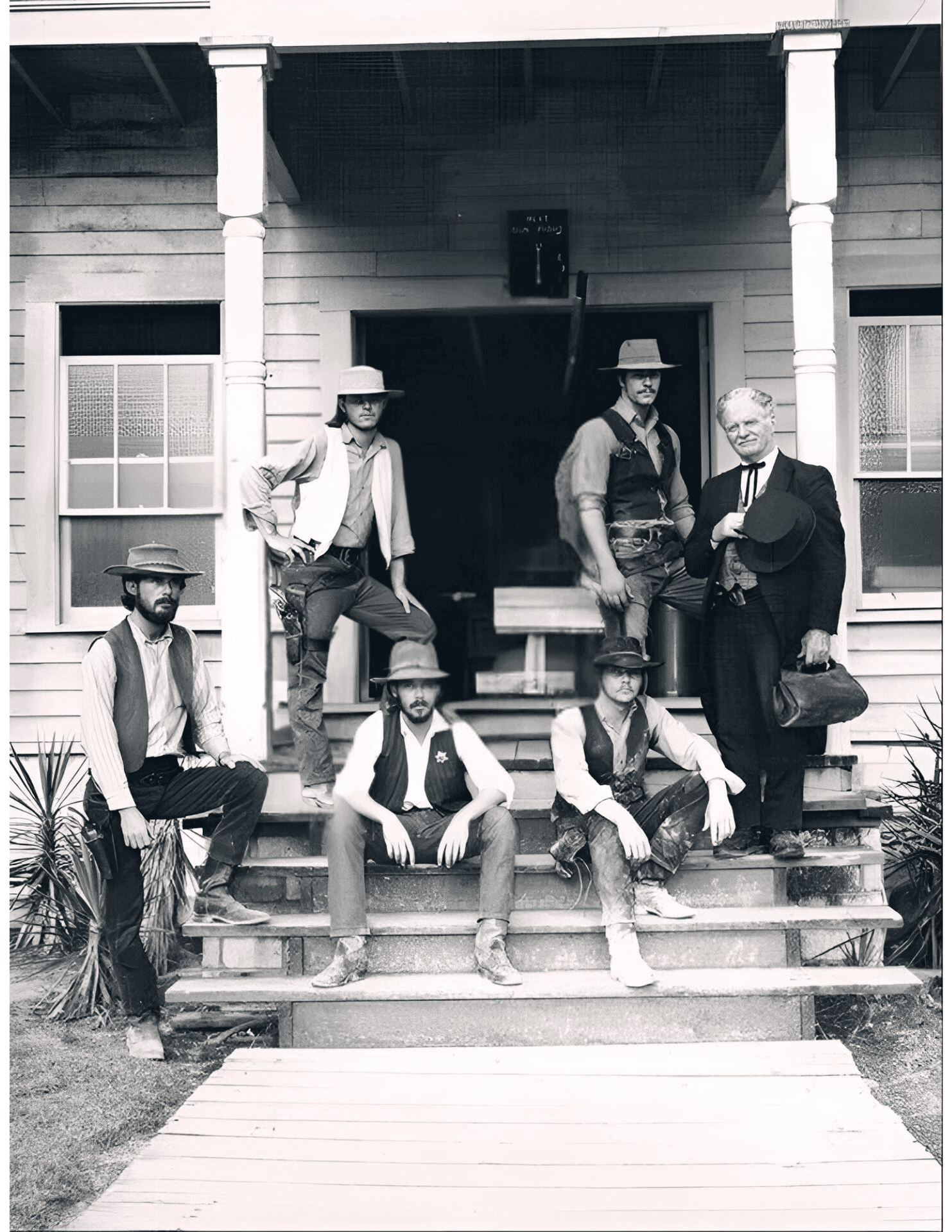 Gunfighters on the steps of the original courthouse