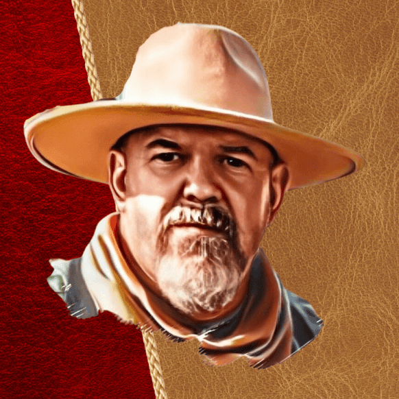 Illustration of Buford Dalton wearing a tan hat against a textured background with red and brown sections.
